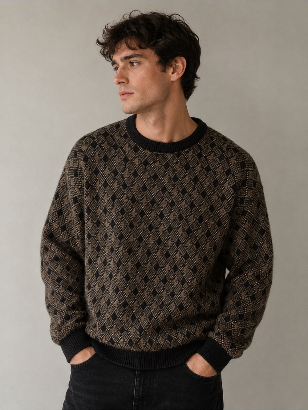 Robert Stock Sweater XXL Brown Black Geometric Knit Pullover Crewneck Vintage